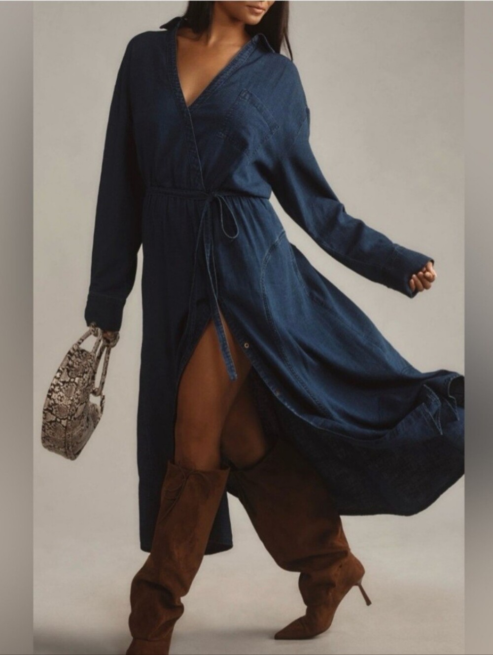 Women's Navy Wrap Denim Dress with Tie Waist XL Nwot Anthropologie Pockets - Picture 1 of 5